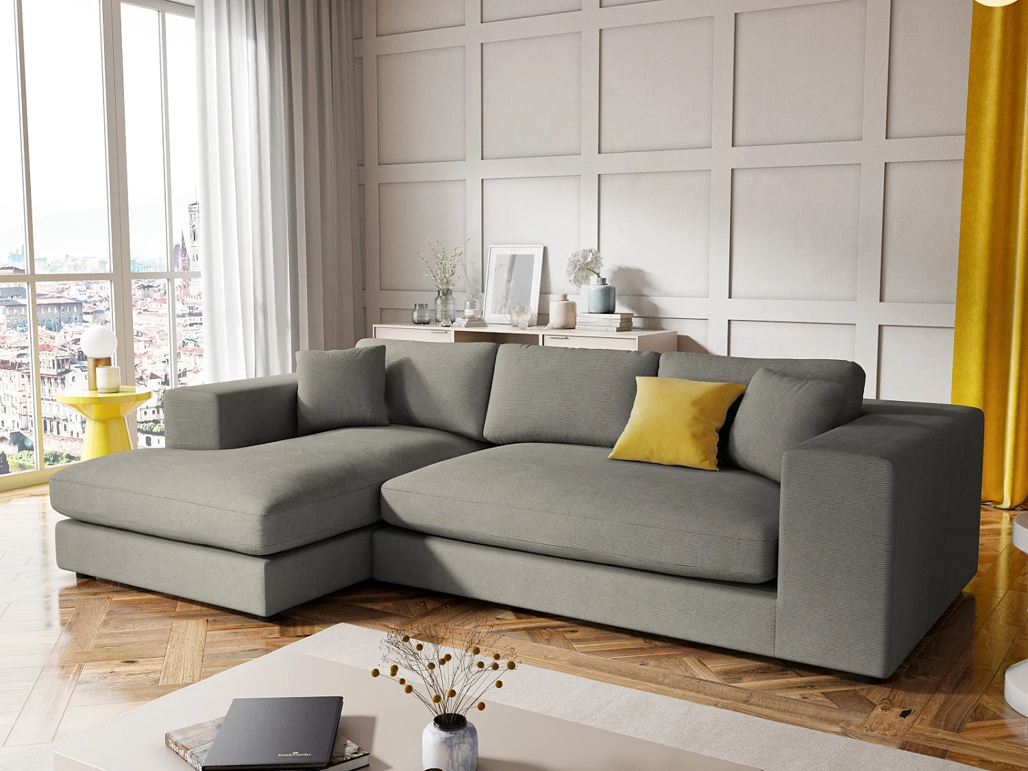 CXL by Christian Lacroix - 5-Sitzer Ecksofa links "Tendance" Sitzer aus Cord hellgrau - 282x174x72cm