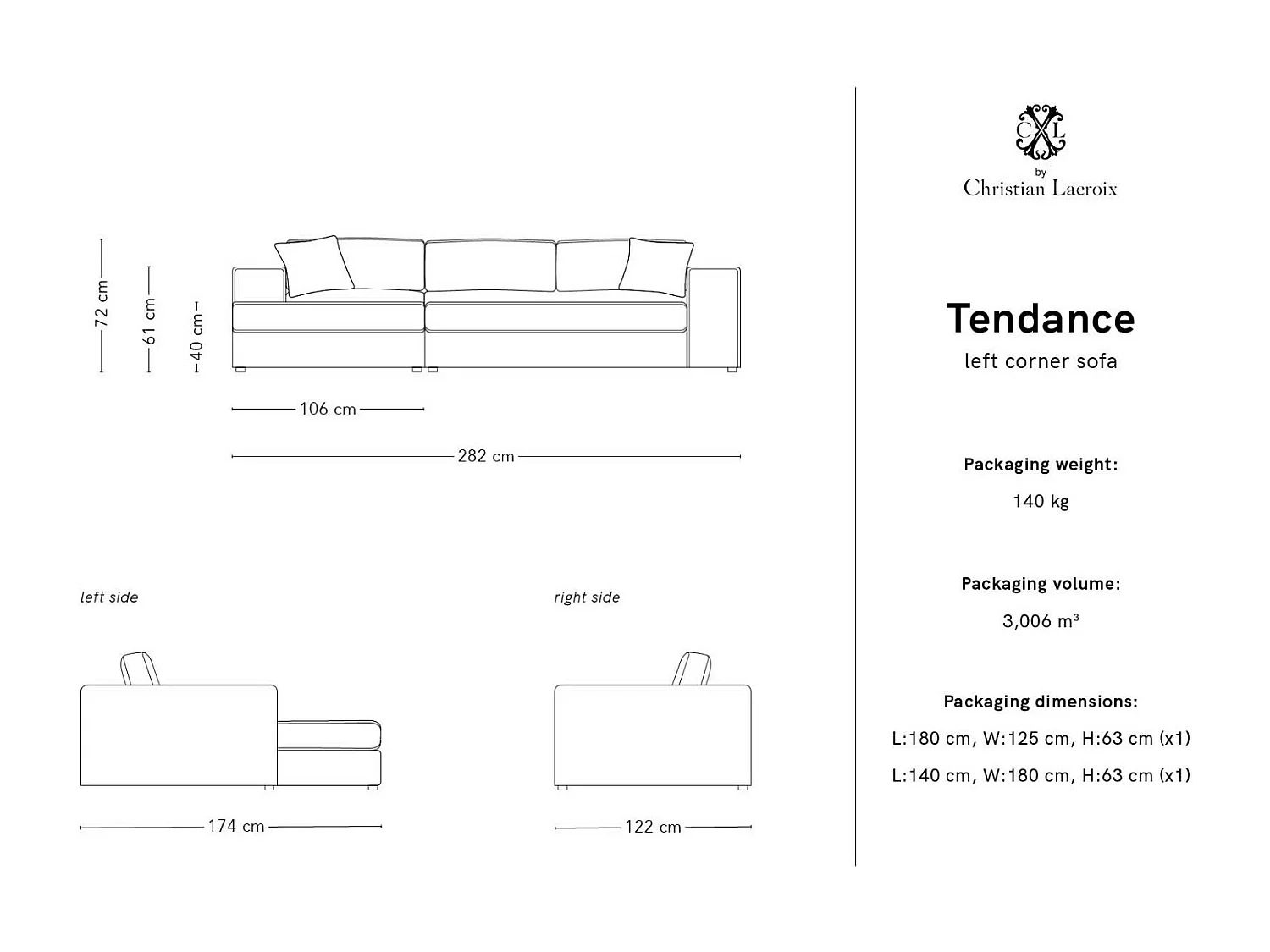 CXL by Christian Lacroix - 5-Sitzer Ecksofa links "Tendance" Sitzer aus Cord hellgrau - 282x174x72cm
