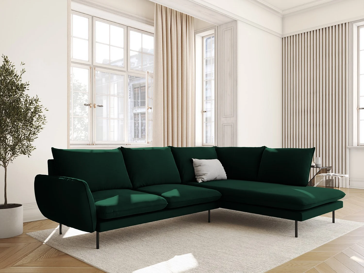 Cosmopolitan Design - 6-Sitzer Ecksofa rechts "Vienna" aus Samt flaschengrün - 275x185x95cm