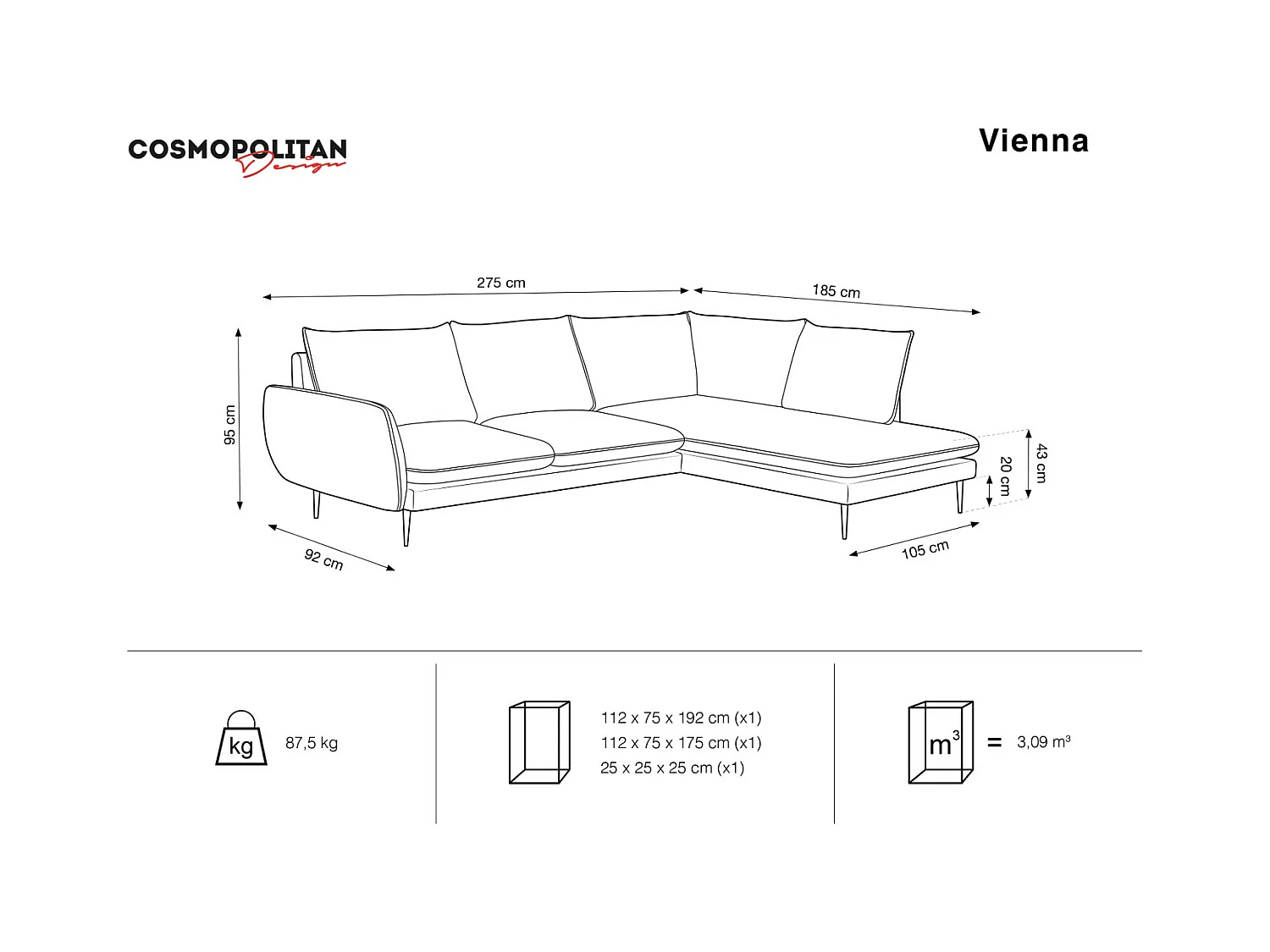 Cosmopolitan Design - Canapé d'angle droit "Vienna" 6 places en velours vert bouteille - 275x185x95cm