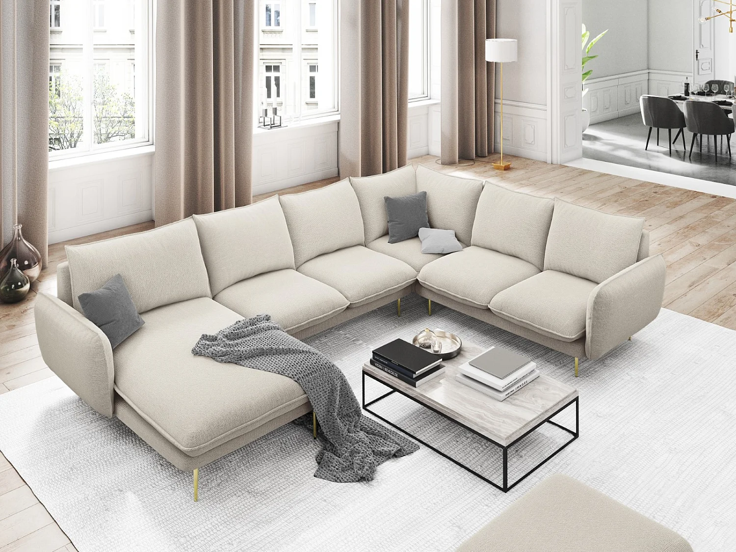 Cosmopolitan Design - Panoramische hoekbank rechts "Vienna" 7 zitplaatsen, Structurele stof, Lichtbeige - 330x235x95cm