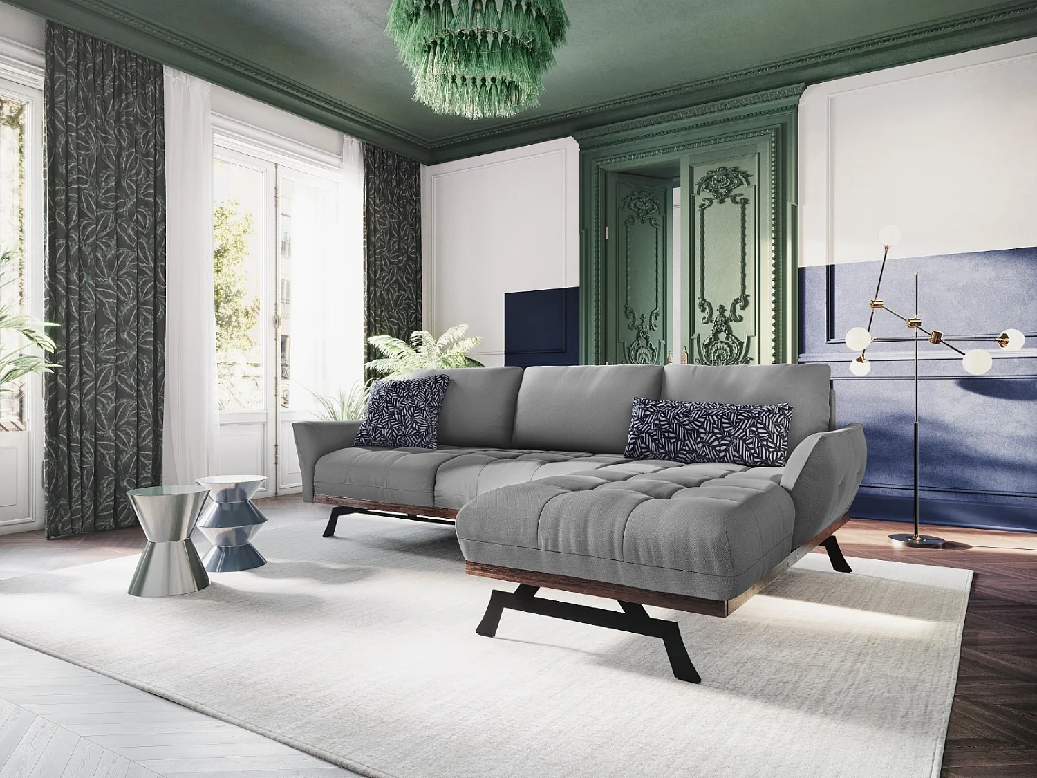 CXL by Christian Lacroix - Modulaire hoekbank rechts "Olivier" 4 zitplaatsen, Structurele stof, Grijs - 264x171x87cm