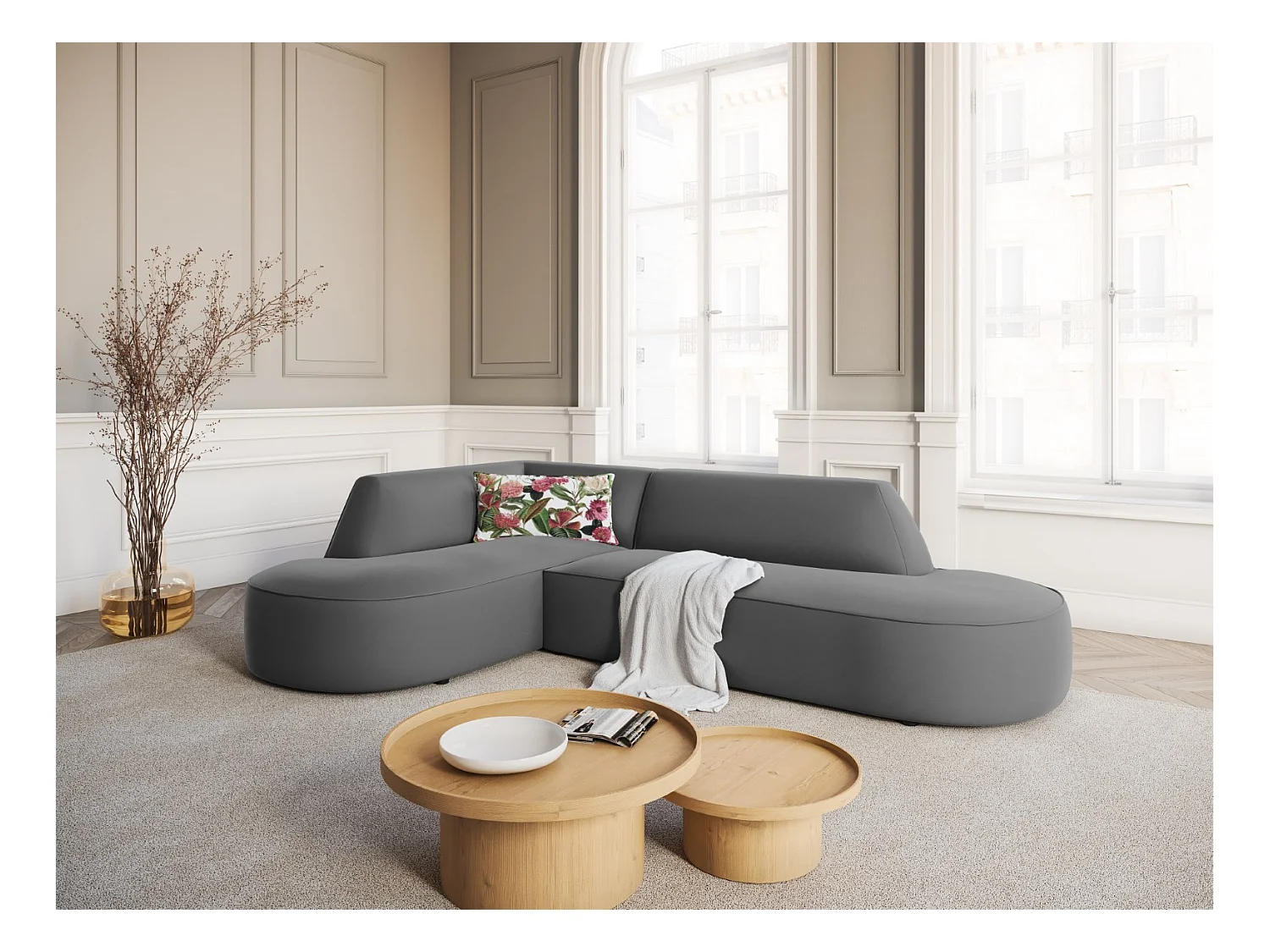 CXL by Christian Lacroix - Canapé d'angle gauche "Charles" 4 places en velours gris foncé - 273x180x69cm