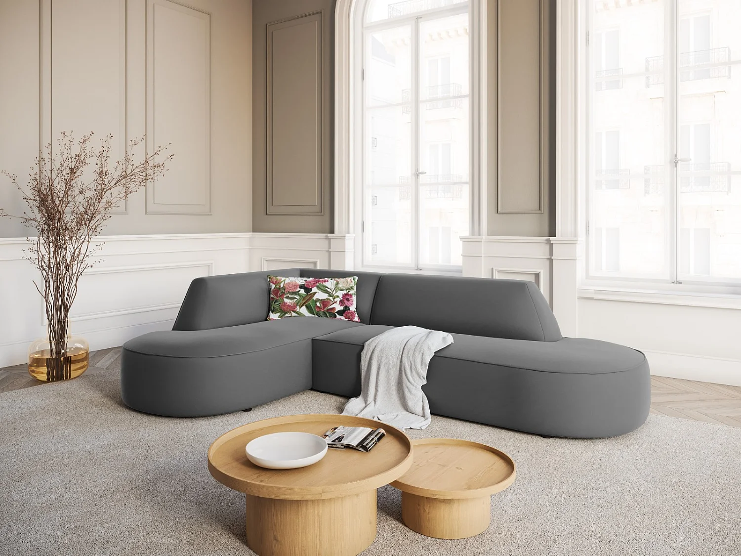 CXL by Christian Lacroix - Canapé d'angle gauche "Charles" 4 places en velours gris foncé - 273x180x69cm