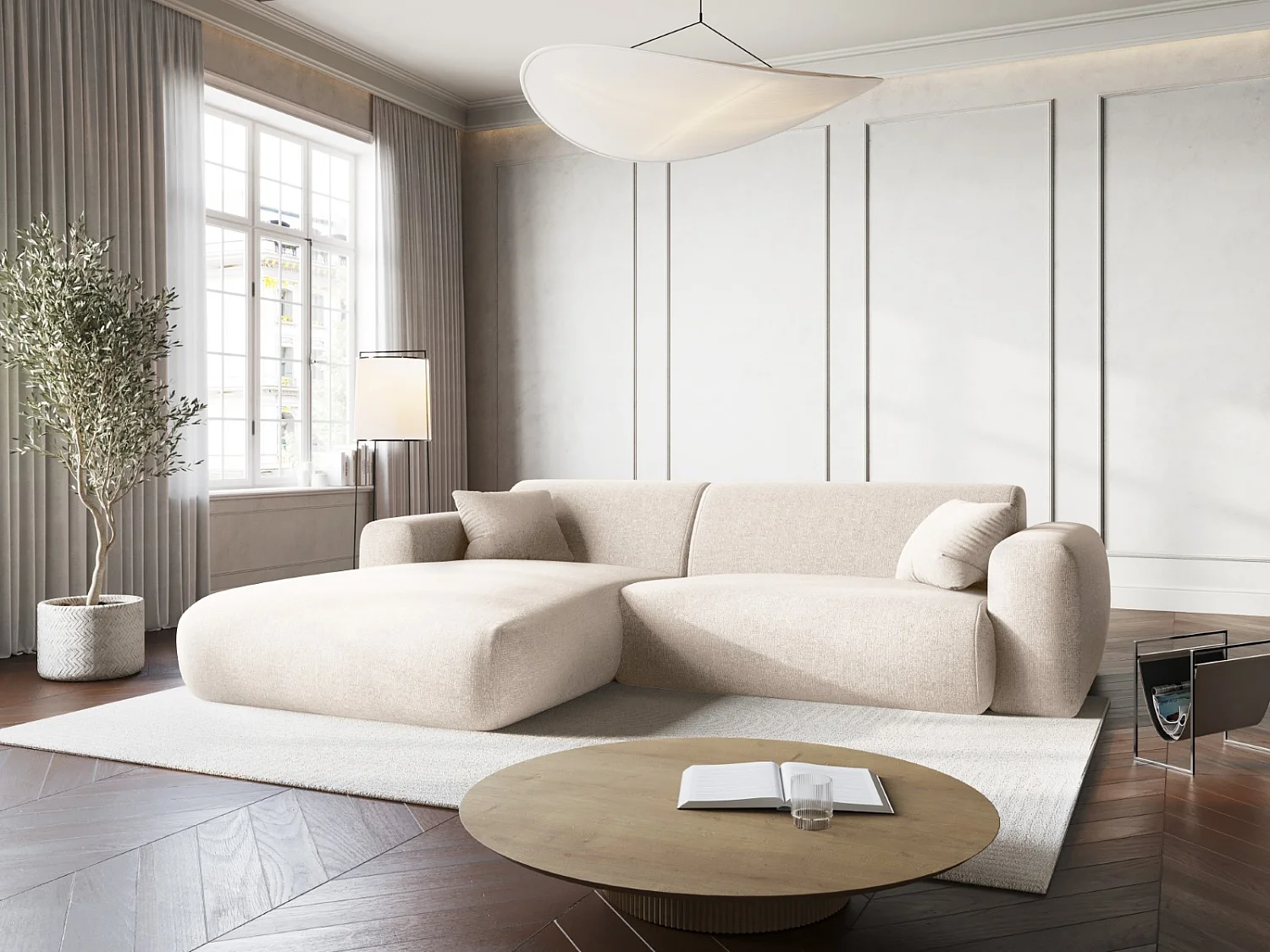 Cosmopolitan Design - 4-Sitzer Ecksofa links "Nolio" aus Chenille-Stoff leichtes beige - 235x170x72cm