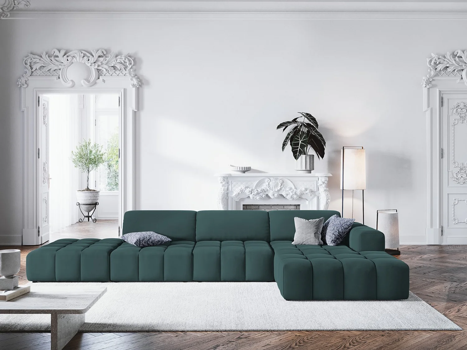 CXL by Christian Lacroix - 5-Sitzer Ecksofa rechts "Luc" Sitzer aus Samt petrol - 341x166x70cm