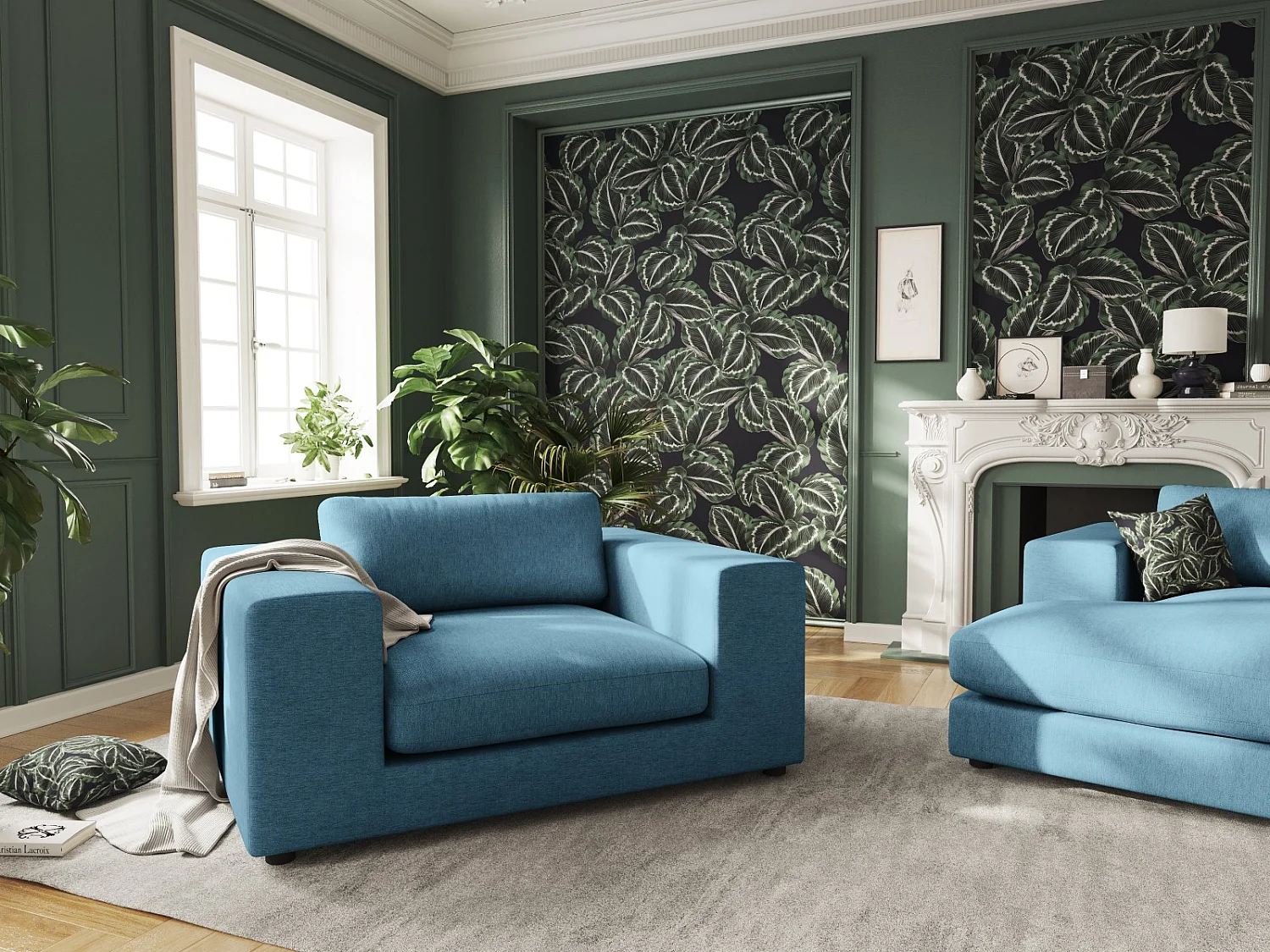 CXL by Christian Lacroix - Sofá "Tendance" 1,5 lugares em tecido estrutural azul - 156x122x72cm