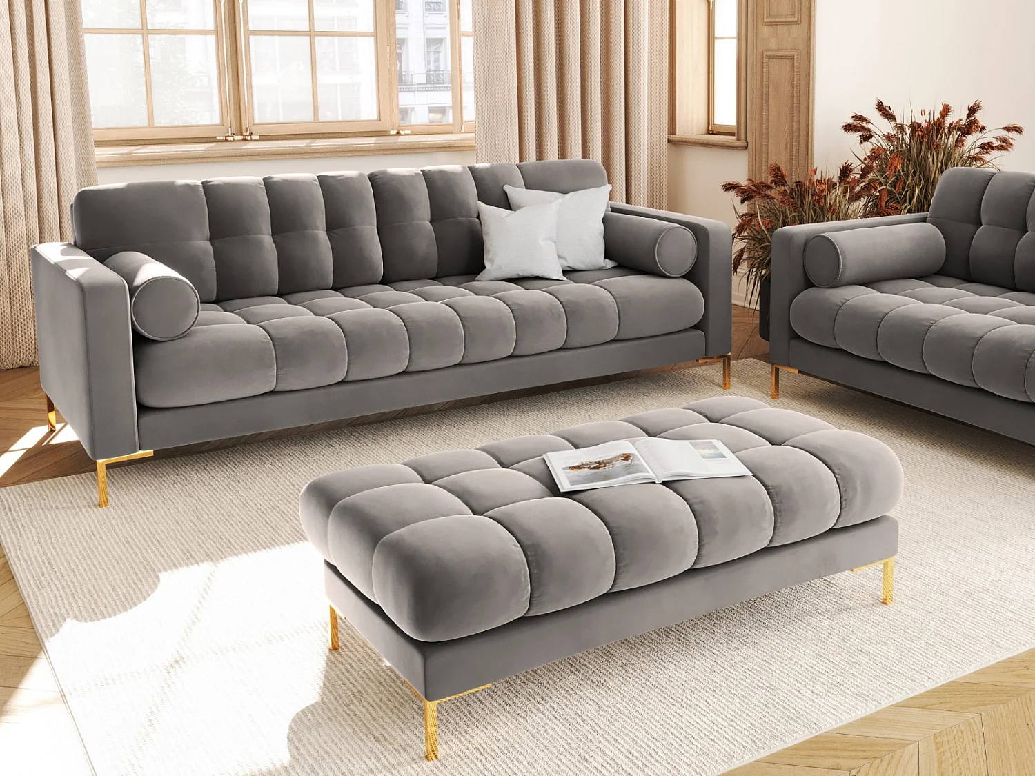 Cosmopolitan Design - Sofá "Bali" 3 plazas de terciopelo gris claro - 177x92x75cm
