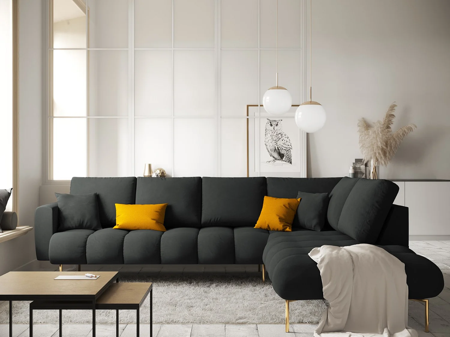 Cosmopolitan Design - Sofá esquinero derecho "Hastings" 5 plazas de terciopelo gris oscuro - 301x216x75cm