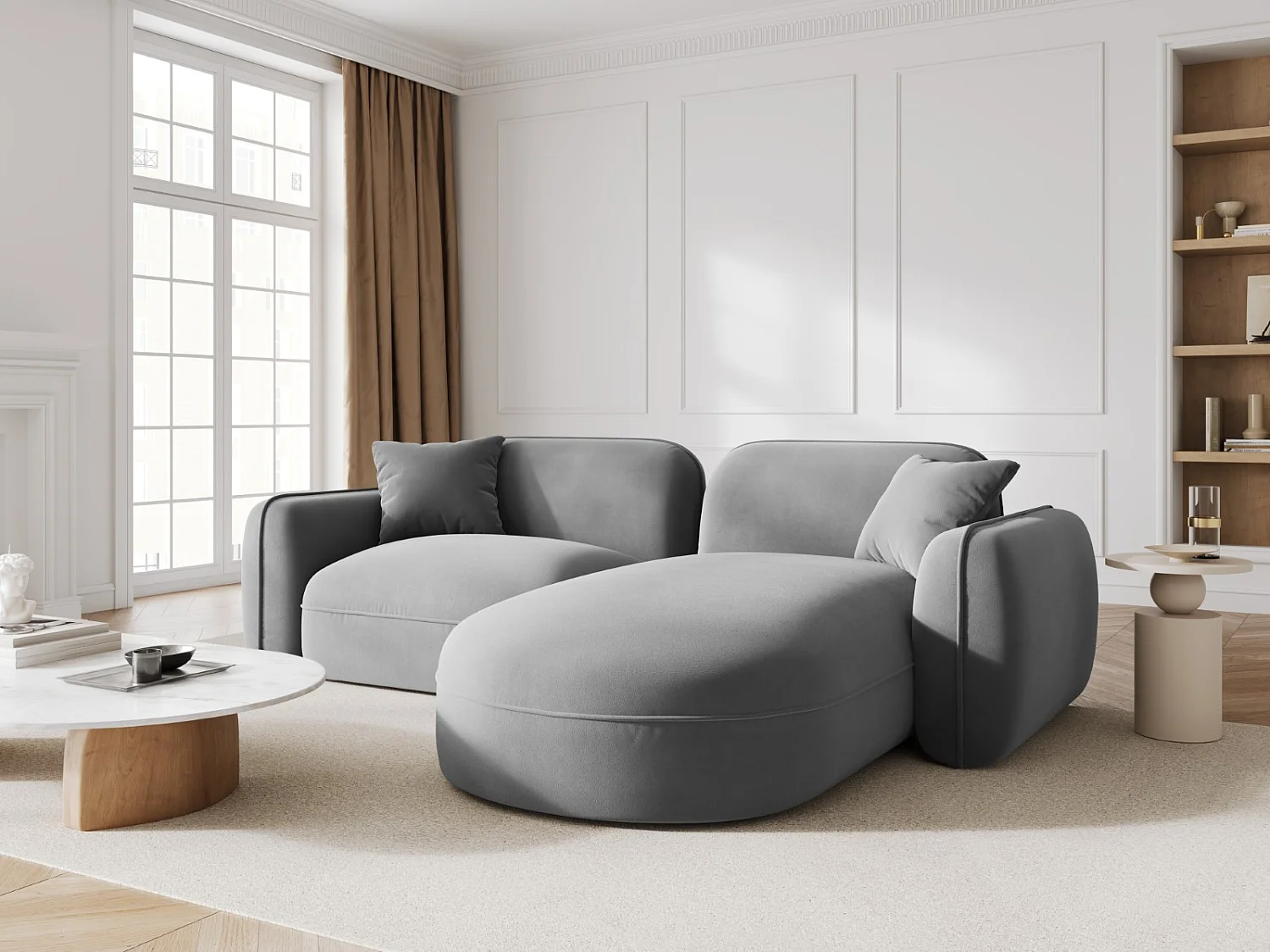 CXL by Christian Lacroix - Sofá modular de canto direito "Lucien" 3 lugares em veludo cinza claro - 230x165x70cm