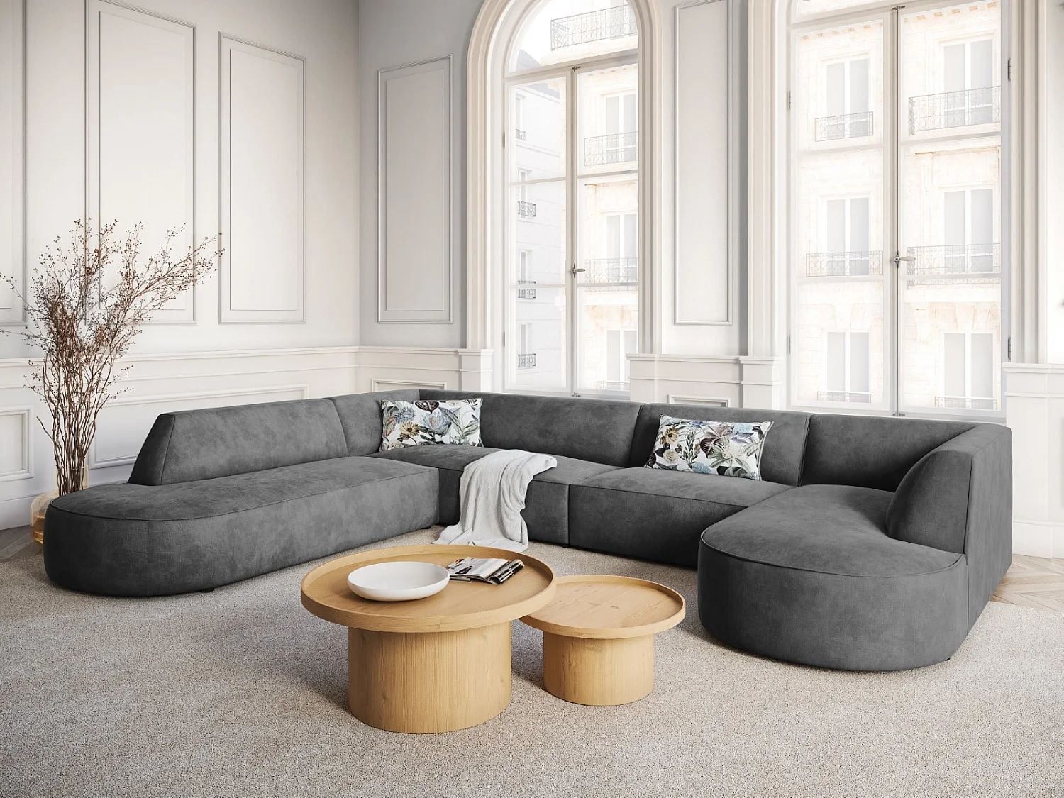 CXL by Christian Lacroix - Sofá de canto panorâmico à esquerda "Charles" 7 lugares em veludo cinza escuro - 366x273x69cm