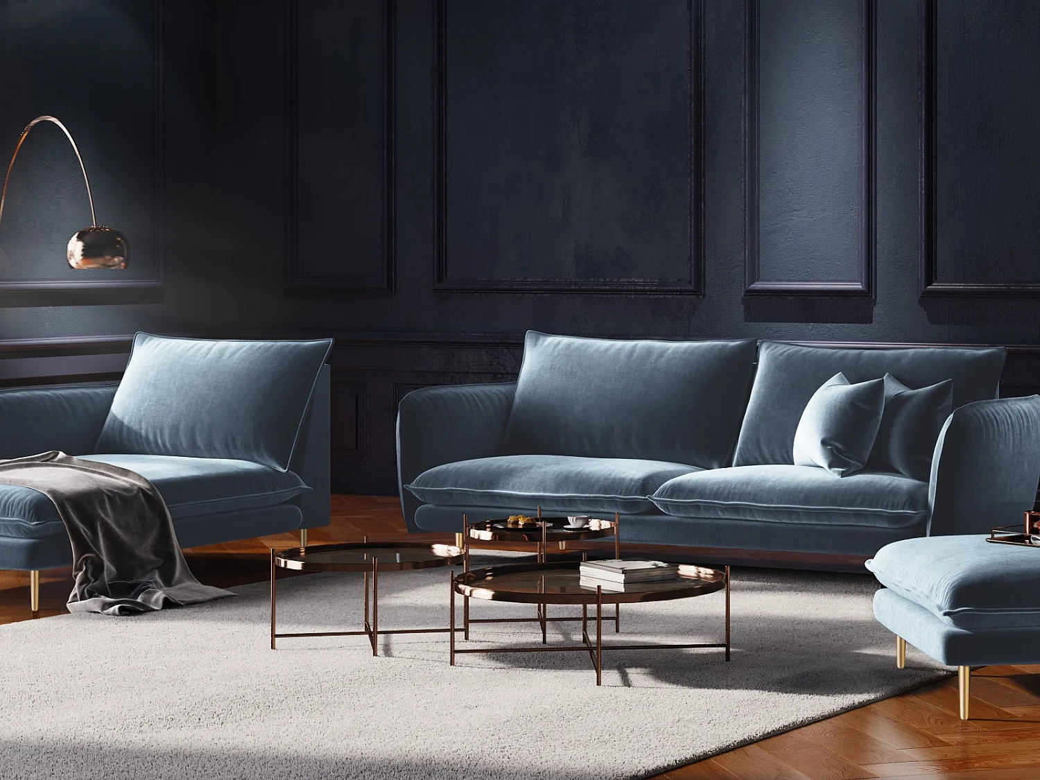 Cosmopolitan Design - 2-Sitzer Sofa "Vienna" aus Samt blau - 160x92x95cm