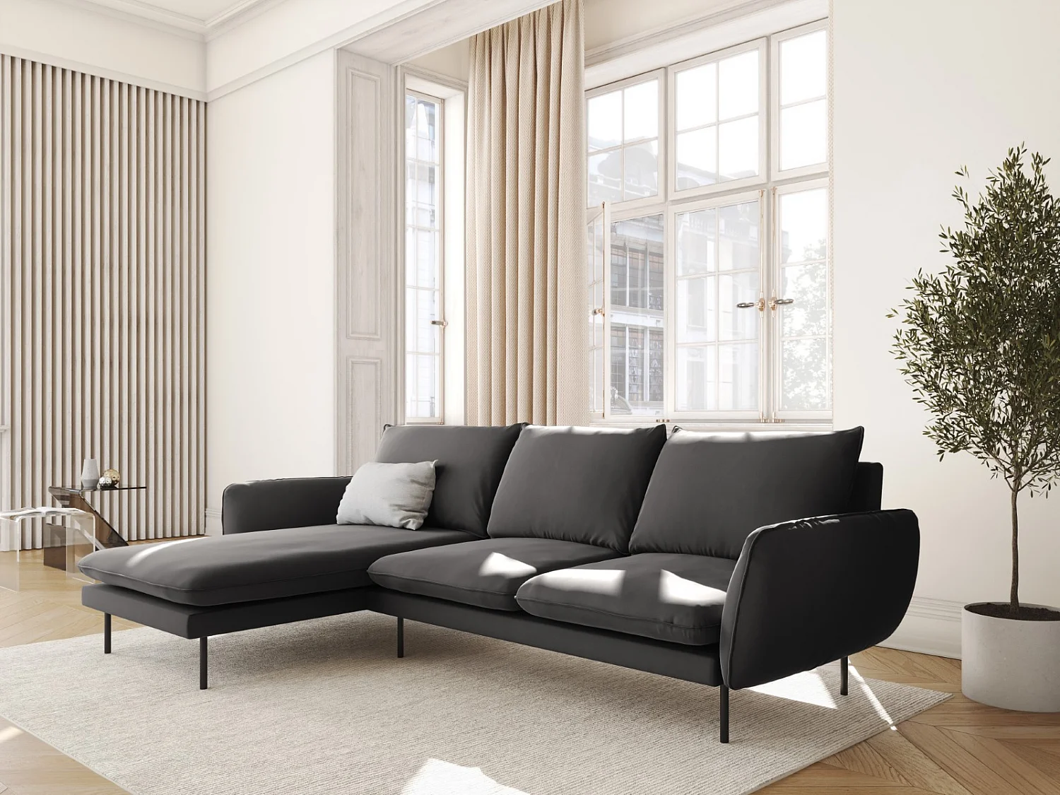 Cosmopolitan Design - Sofá esquinero izquierdo "Vienna" 5 plazas de terciopelo gris oscuro - 255x170x95cm