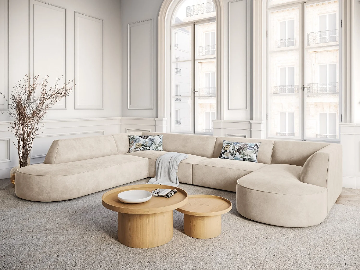 CXL by Christian Lacroix - Sofá de canto panorâmico à esquerda "Charles" 7 lugares em veludo bege claro - 366x273x69cm