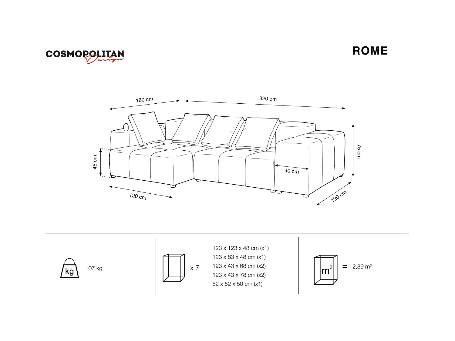Cosmopolitan Design - Canapé d'angle symétrique modulable "Rome" 4 places en velours beige - 320x160x75cm