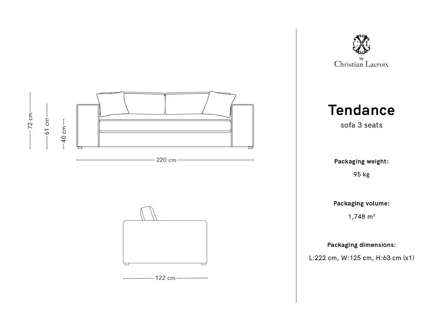 CXL by Christian Lacroix - Sofá "Tendance" 3 plazas de terciopelo gris - 220x122x72cm