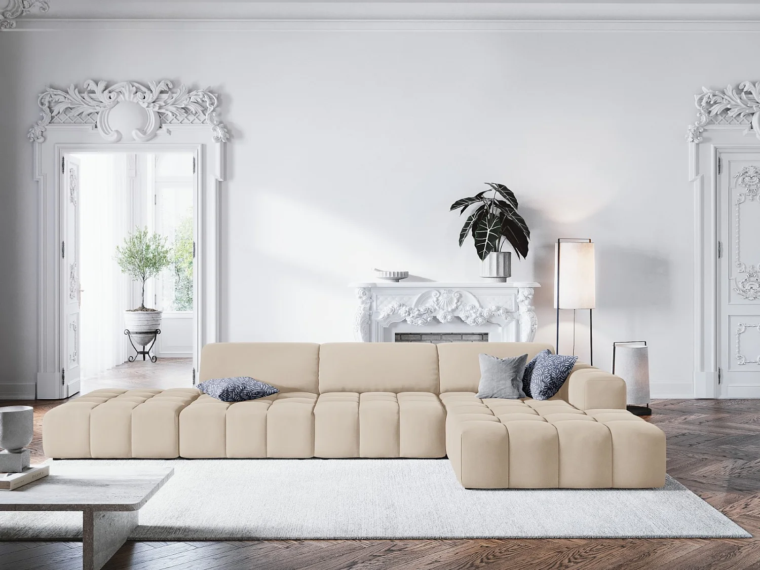 CXL by Christian Lacroix - Divano angolare destro "Luc" 5 posti in velluto beige chiaro - 341x166x70cm