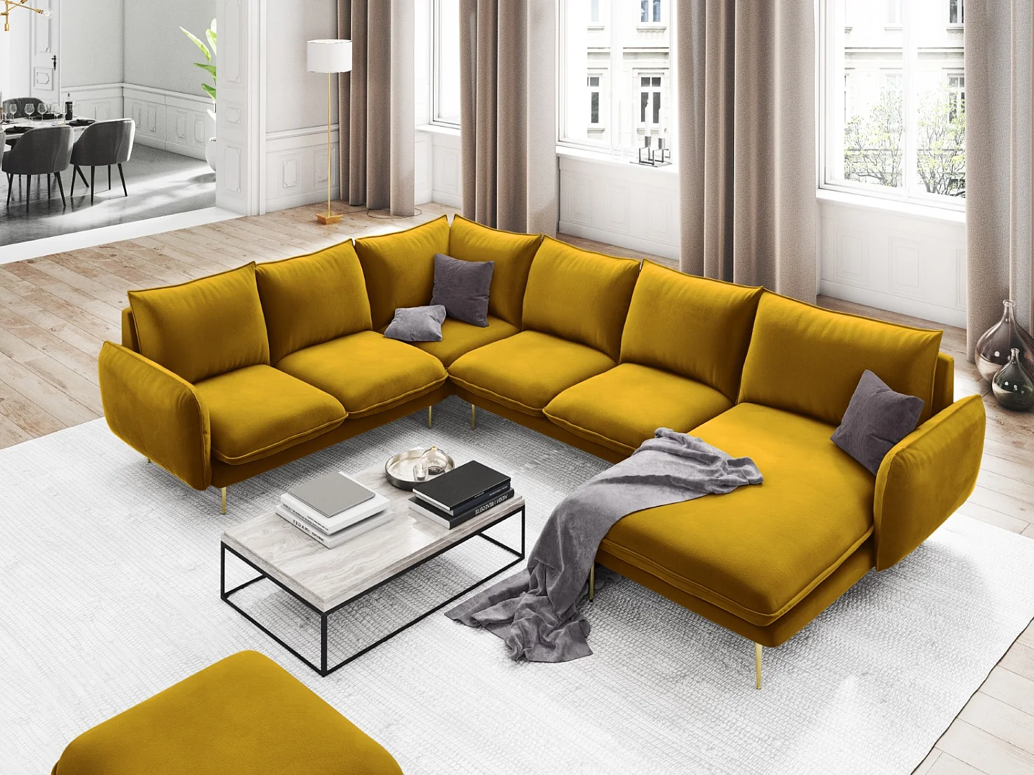 Cosmopolitan Design - 7-Sitzer Panoramasofa links "Vienna" aus Samt gelb - 330x235x95cm