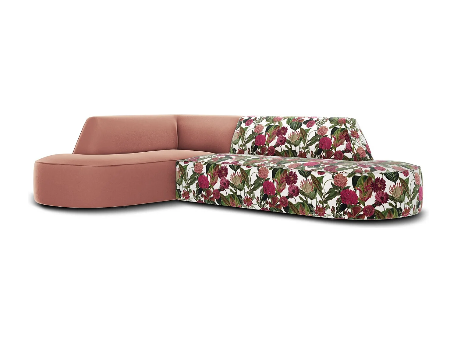 CXL by Christian Lacroix - Canapé d'angle gauche "Charles" 4 places en velours motif de rose de jardin,rose - 273x180x69cm
