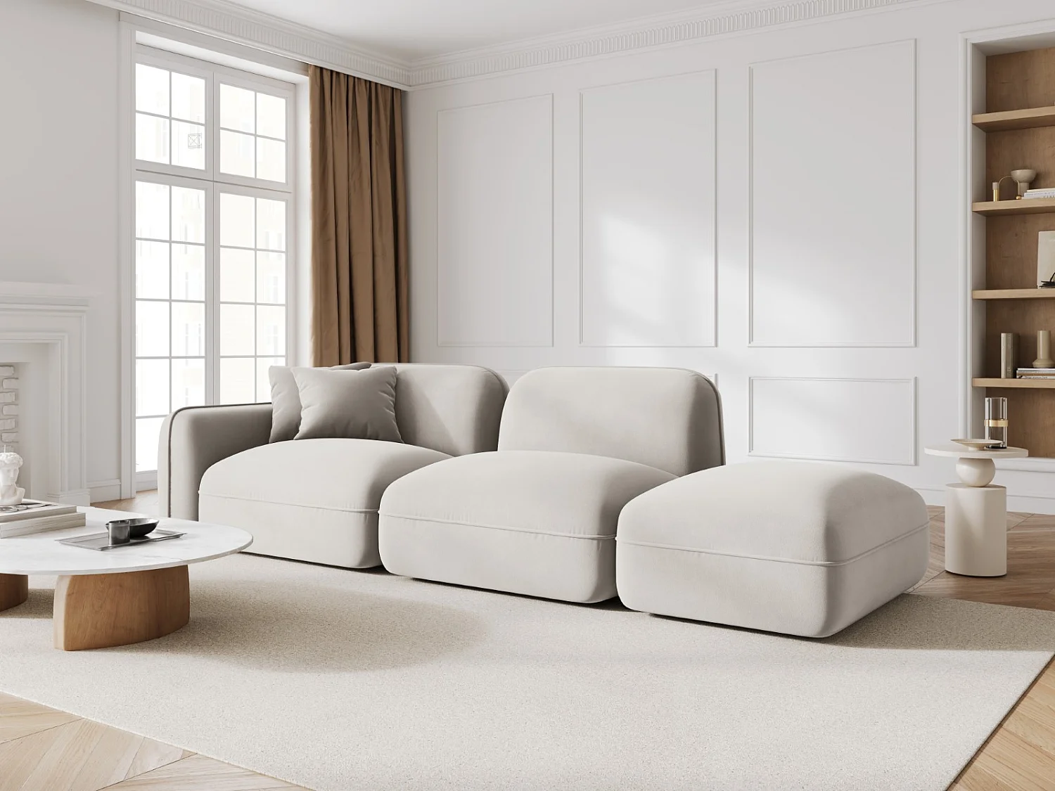 CXL by Christian Lacroix - Canapé modulable droit "Lucien" 3 places en velours beige clair - 295x90x70cm