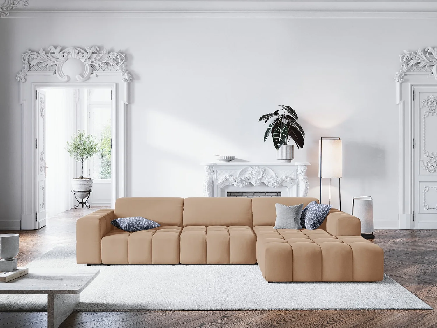 CXL by Christian Lacroix - 4-Sitzer Ecksofa rechts "Luc" Sitzer aus Samt dunkelbeige - 284x166x70cm