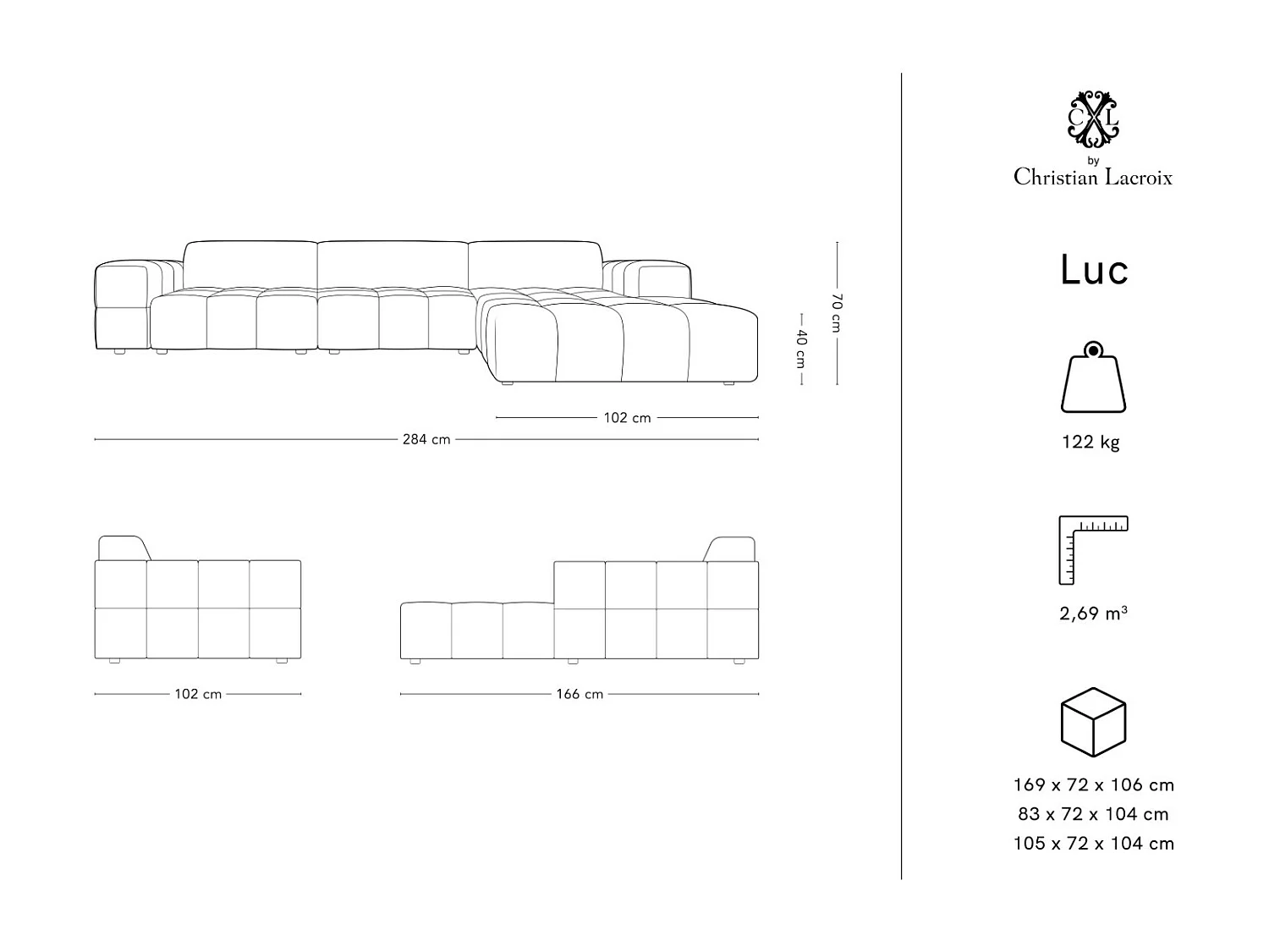 CXL by Christian Lacroix - 4-Sitzer Ecksofa rechts "Luc" Sitzer aus Samt dunkelbeige - 284x166x70cm