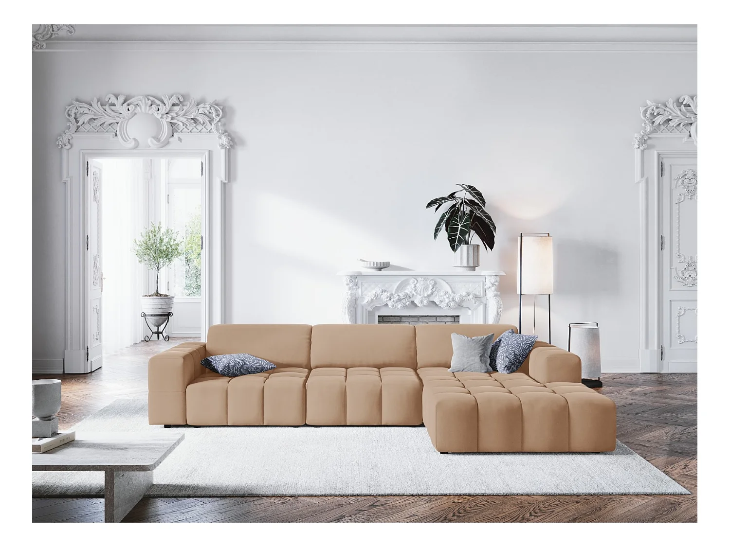 CXL by Christian Lacroix - Canapé d'angle droit "Luc" 4 places en velours beige foncé - 284x166x70cm