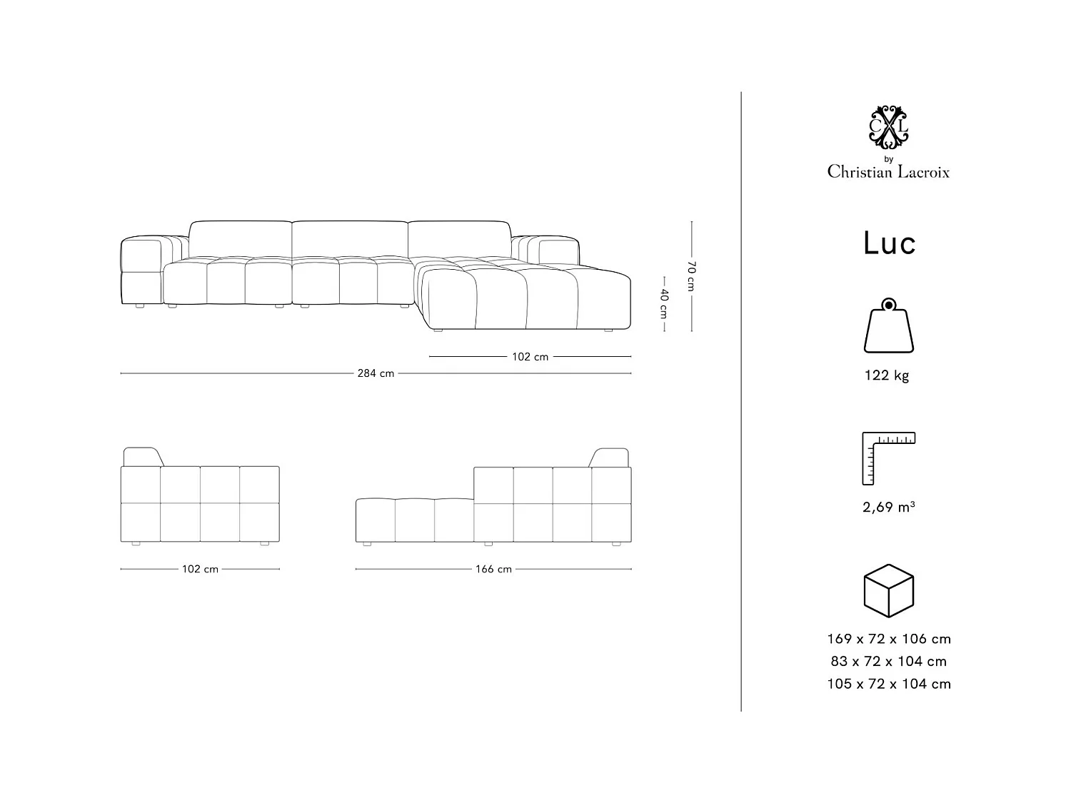 CXL by Christian Lacroix - Canapé d'angle droit "Luc" 4 places en velours beige foncé - 284x166x70cm