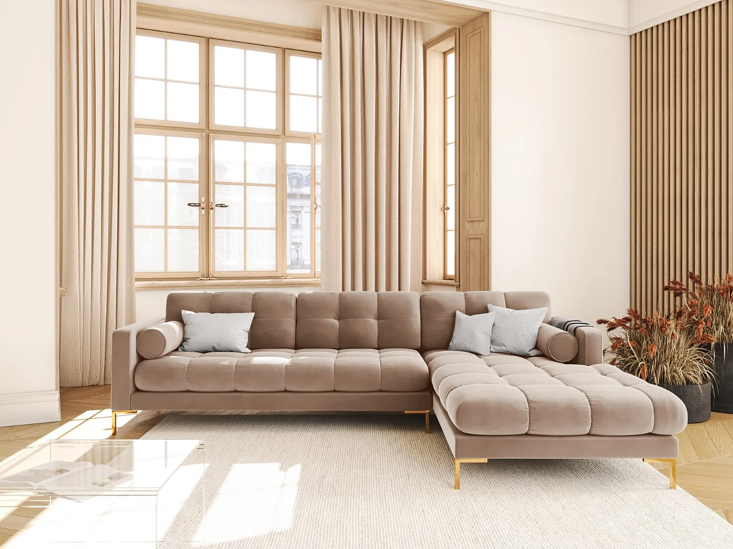 Cosmopolitan Design - 5-Sitzer Ecksofa rechts "Bali" aus Samt beige - 293x185x75cm