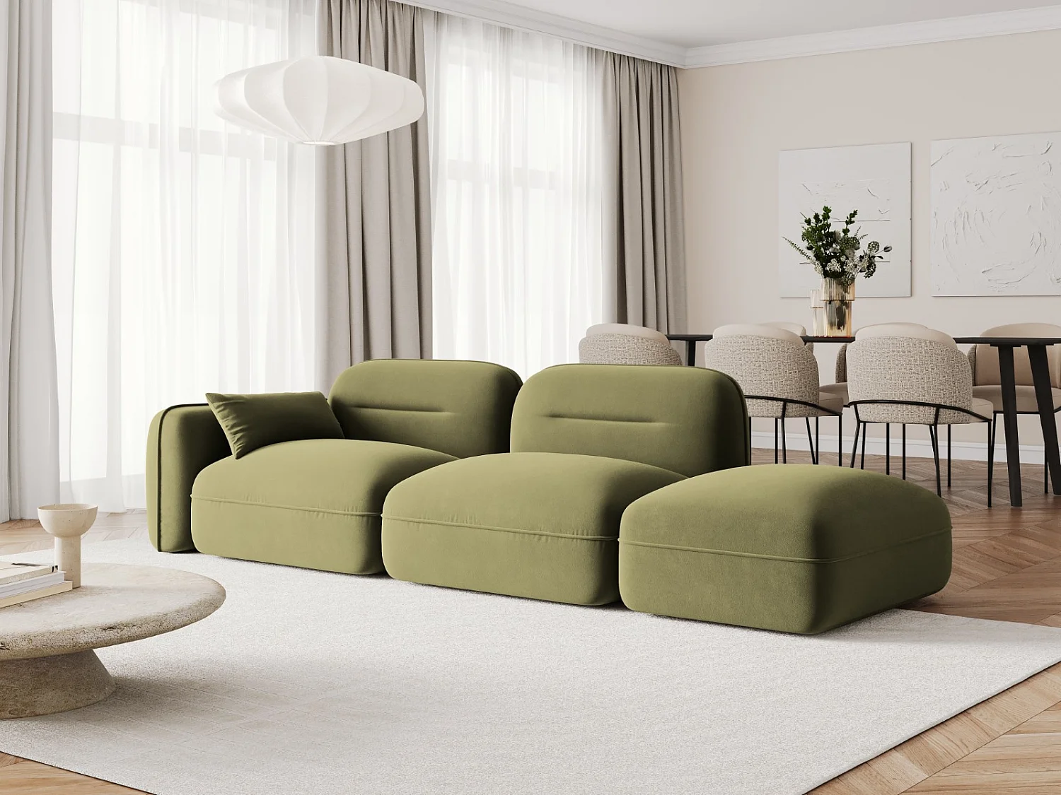 Cosmopolitan Design - Sofa modułowa bok prawy, "Sydney" 3 miejsca welur, zielony jasny - 295x90x70cm