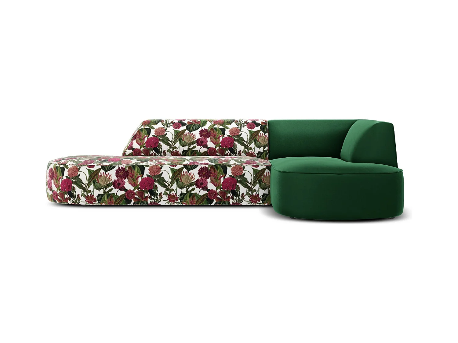 CXL by Christian Lacroix - Canapé d'angle droit "Charles" 4 places en velours motif de rose de jardin,vert - 273x180x69cm