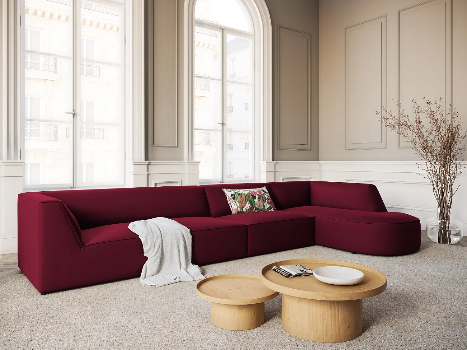 CXL by Christian Lacroix - 5-Sitzer Ecksofa rechts "Charles" Sitzer aus Samt rot - 366x180x69cm