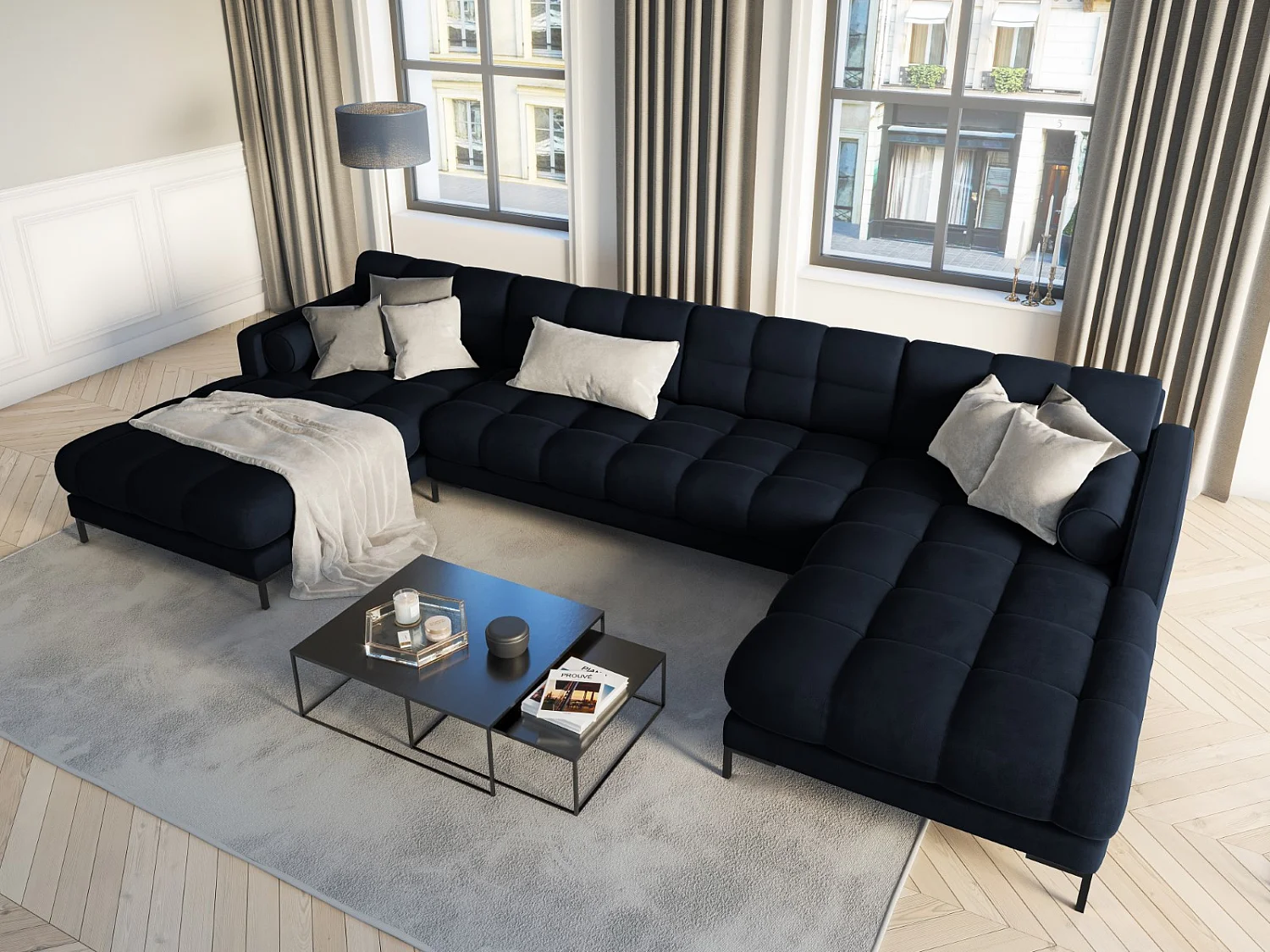 Cosmopolitan Design - Sofá panorâmico "Bali" 7 lugares em veludo azul escuro - 383x185x75cm