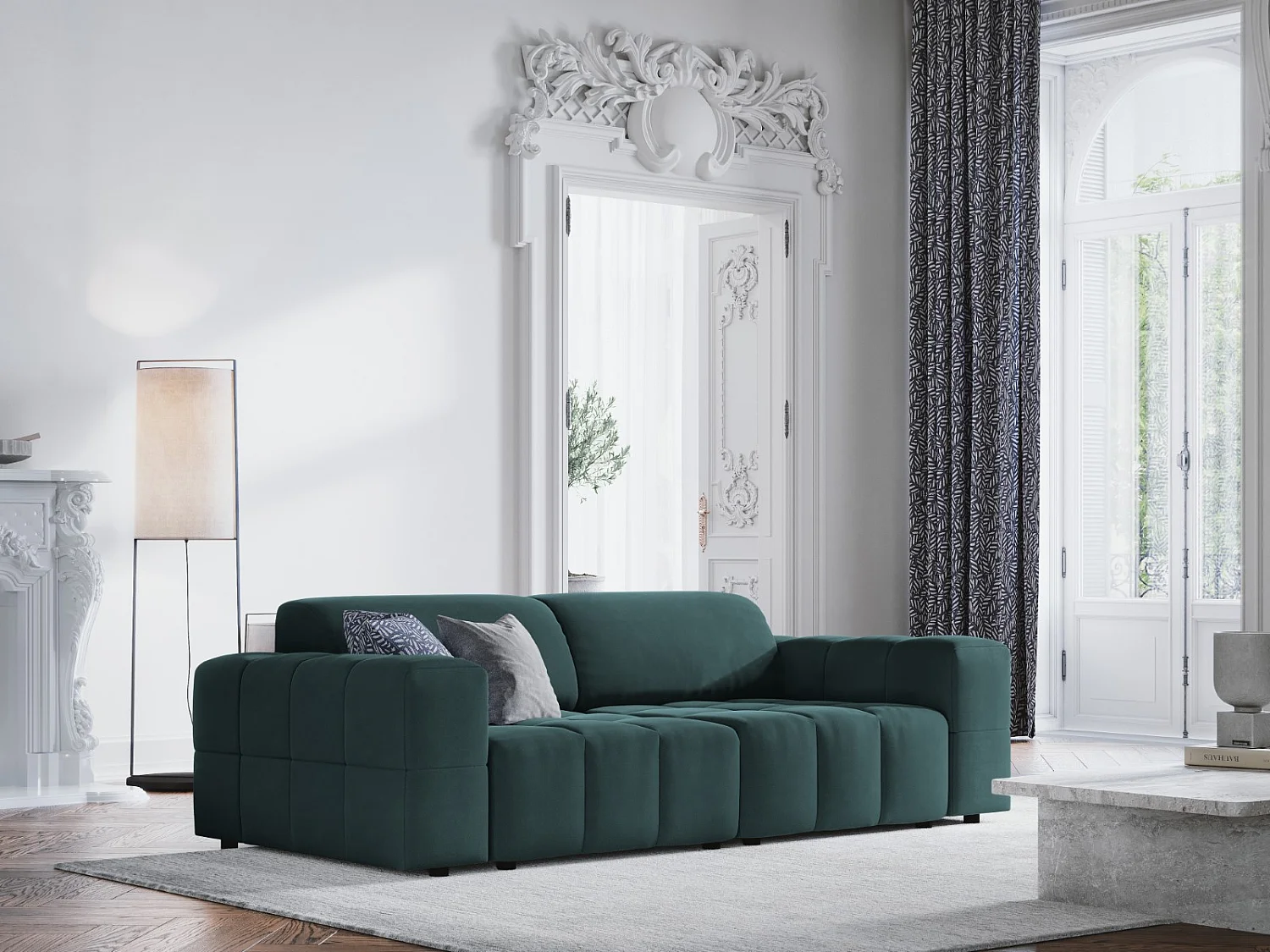 CXL by Christian Lacroix - Canapé "Luc" 3 places en velours pétrole - 204x102x70cm