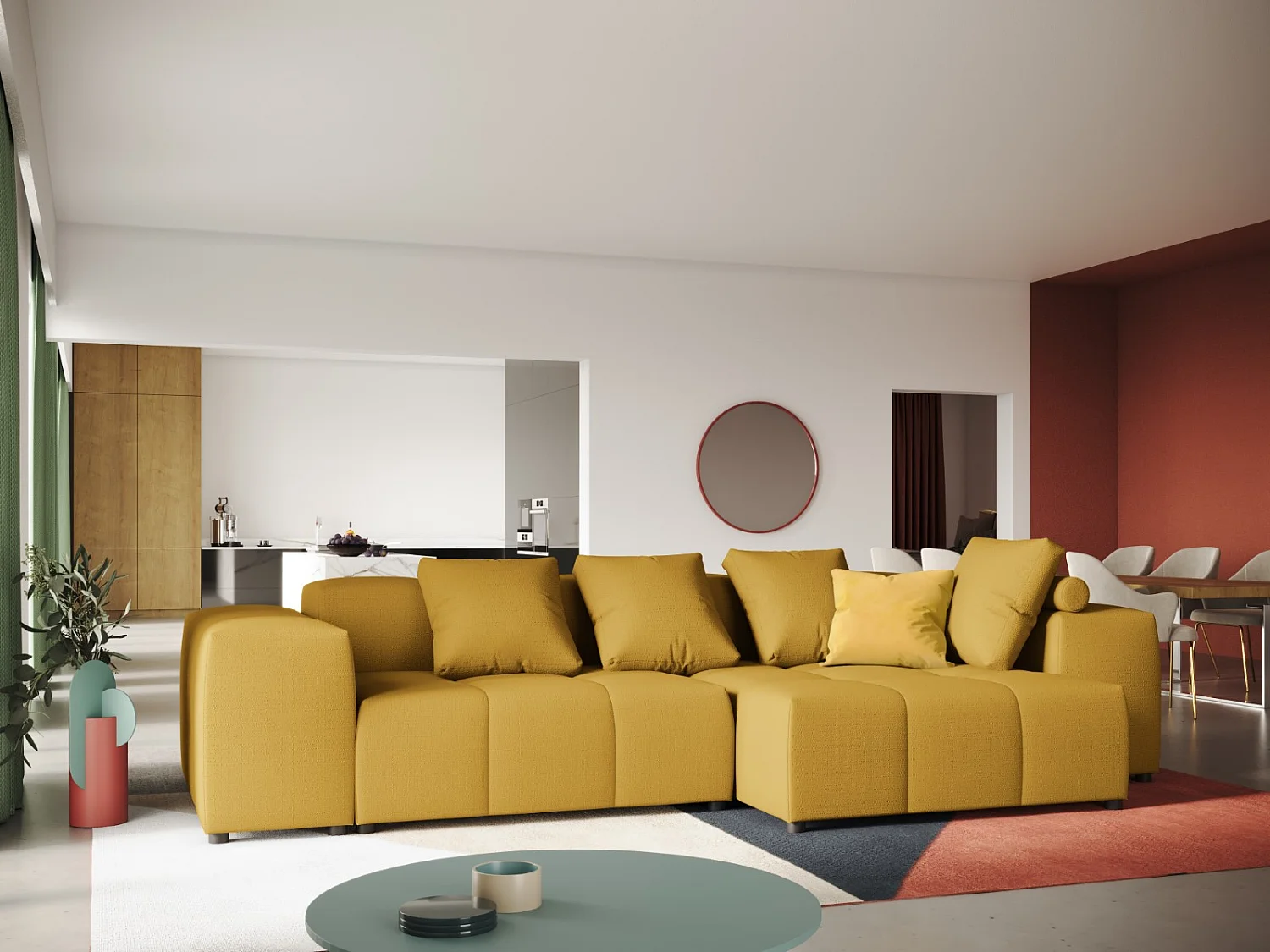 Cosmopolitan Design - Sofá de canto modular simétrico "Rome" 4 lugares em tecido estrutural amarelo - 320x160x75cm