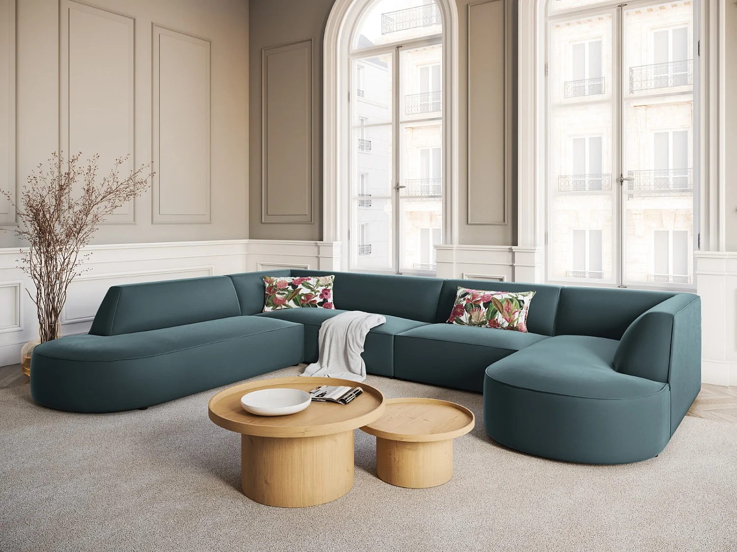 CXL by Christian Lacroix - Sofá de canto panorâmico à esquerda "Charles" 7 lugares em veludo azul - 366x273x69cm