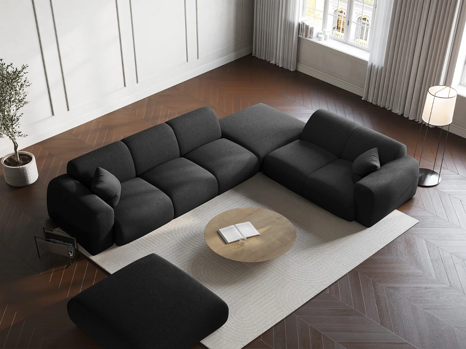 Cosmopolitan Design - Canapé d'angle droit "Nolio" 4 places en chenille noir - 315x250x72cm