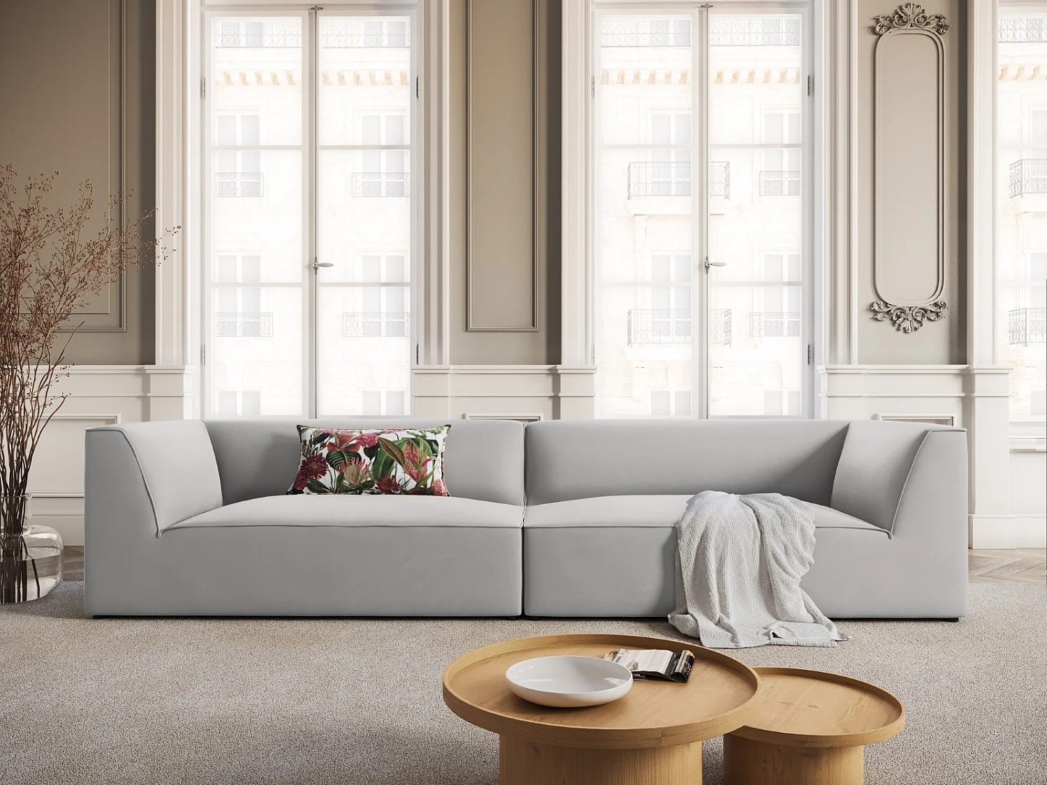 CXL by Christian Lacroix - 4-Sitzer Sofa "Charles" Sitzer aus Samt hellgrau - 302x93x69cm