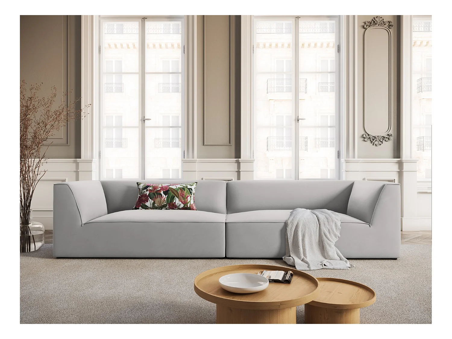 CXL by Christian Lacroix - Canapé "Charles" 4 places en velours gris clair - 302x93x69cm