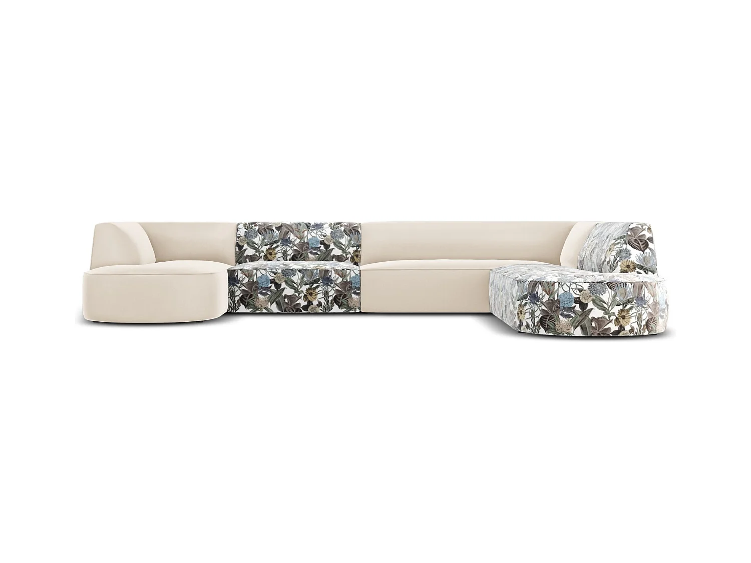 CXL by Christian Lacroix - Canapé d'angle droit panoramique "Charles" 7 places en velours motif de jardin bleu clair,beige - 366x273x69cm