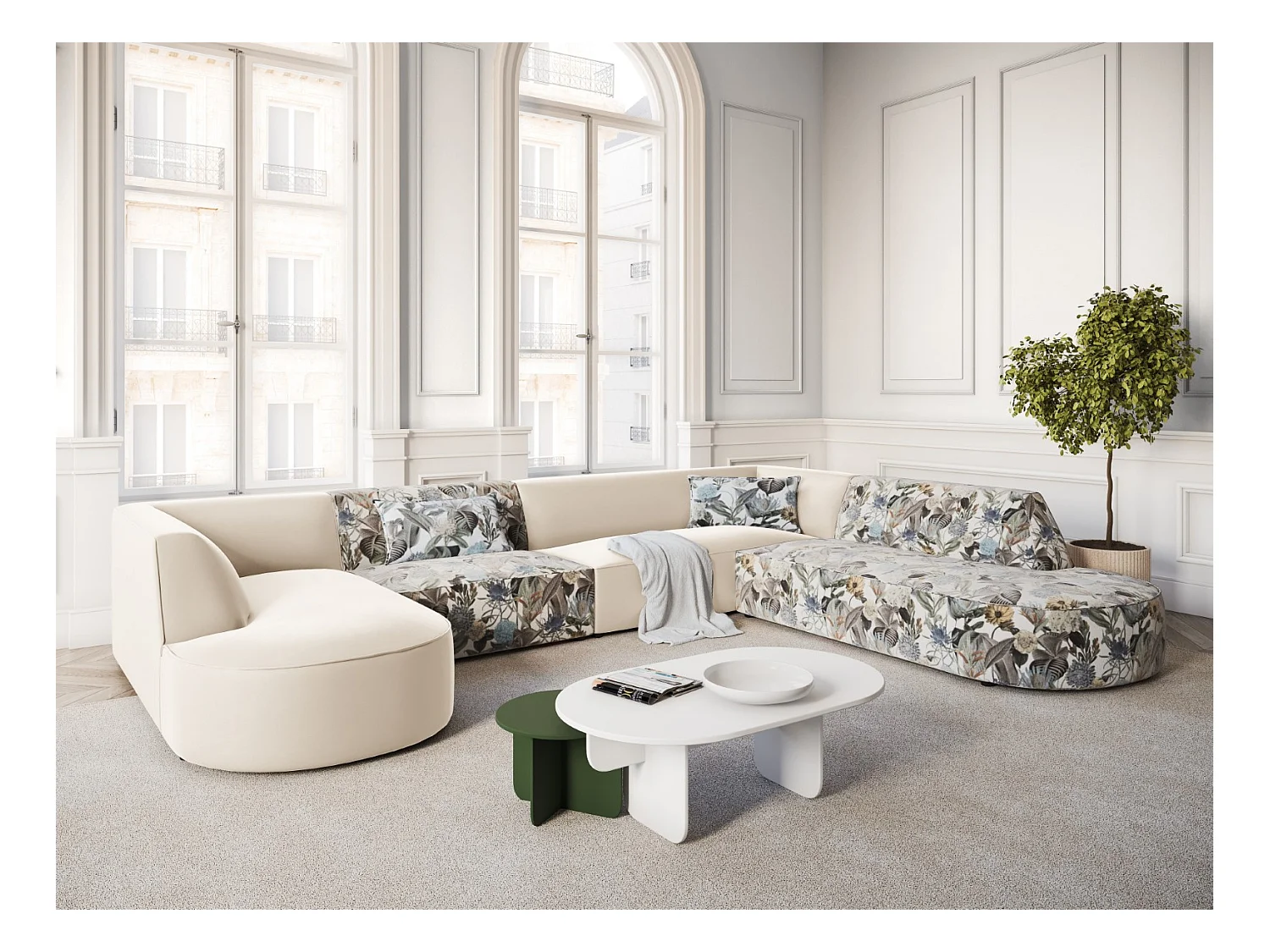 CXL by Christian Lacroix - Panoramische hoekbank rechts "Charles" 7 zitplaatsen, Flueel, lichtblauw, beige tuinpatroon - 366x273x69cm