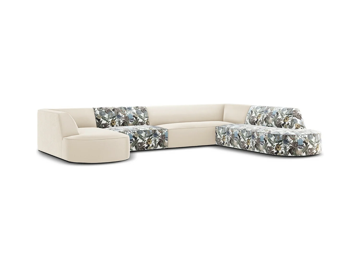 CXL by Christian Lacroix - Panoramische hoekbank rechts "Charles" 7 zitplaatsen, Flueel, lichtblauw, beige tuinpatroon - 366x273x69cm