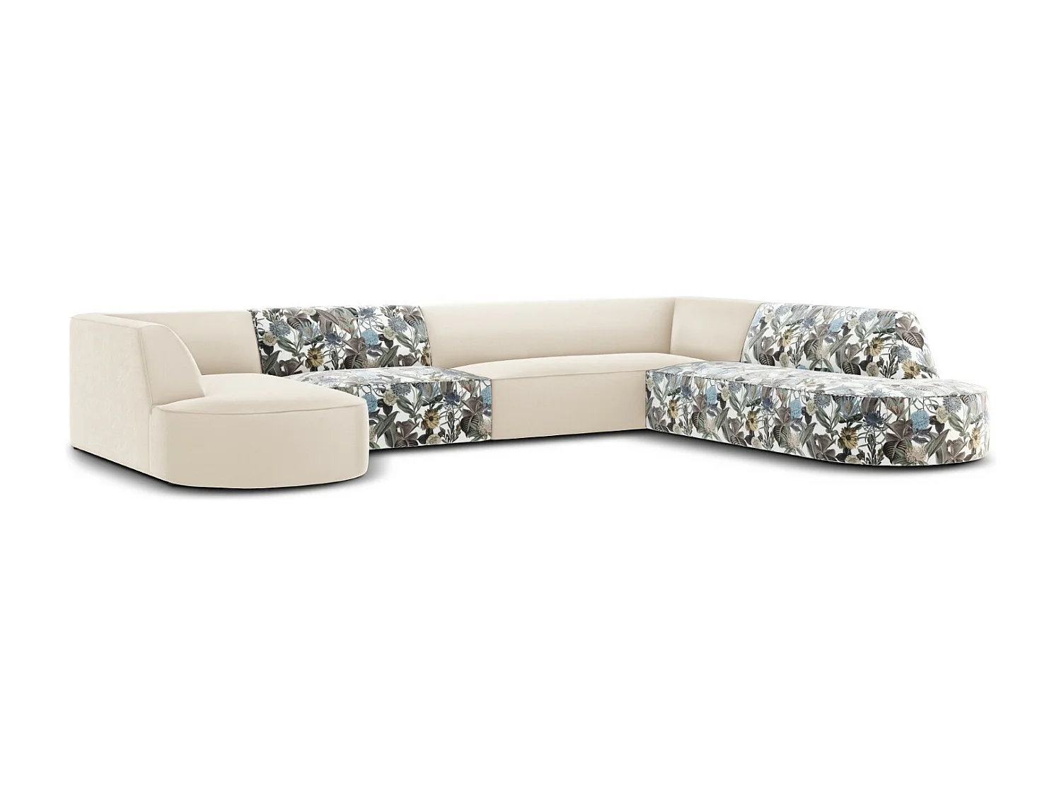 CXL by Christian Lacroix - Panoramische hoekbank rechts "Charles" 7 zitplaatsen, Flueel, lichtblauw, beige tuinpatroon - 366x273x69cm