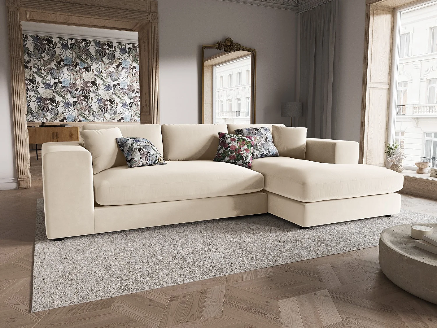 CXL by Christian Lacroix - 5-Sitzer Ecksofa rechts "Tendance" Sitzer aus Samt beige - 282x174x72cm