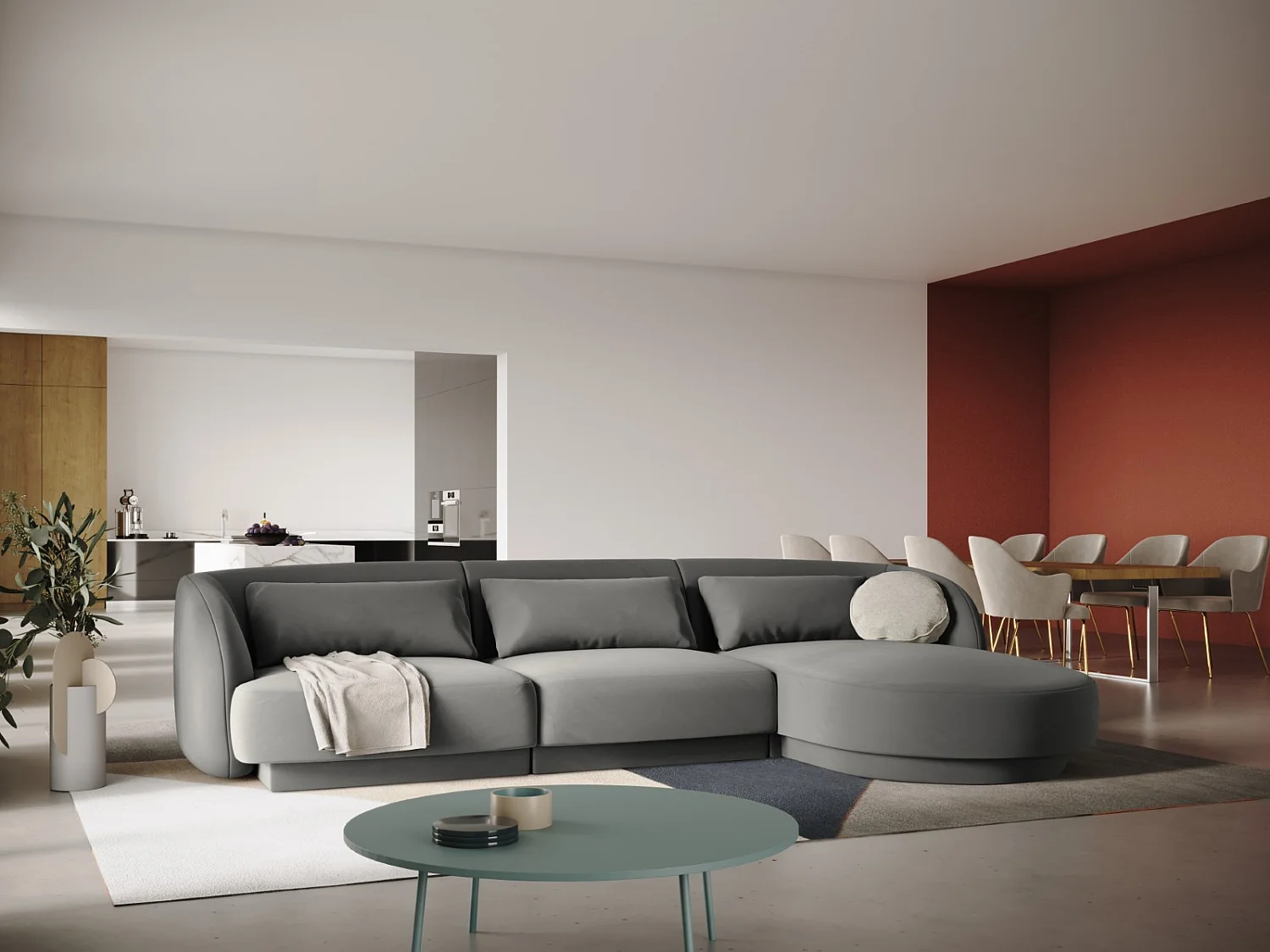 Cosmopolitan Design - 4-Sitzer Ecksofa rechts "Tulum" aus Samt hellgrau - 255x156x70cm
