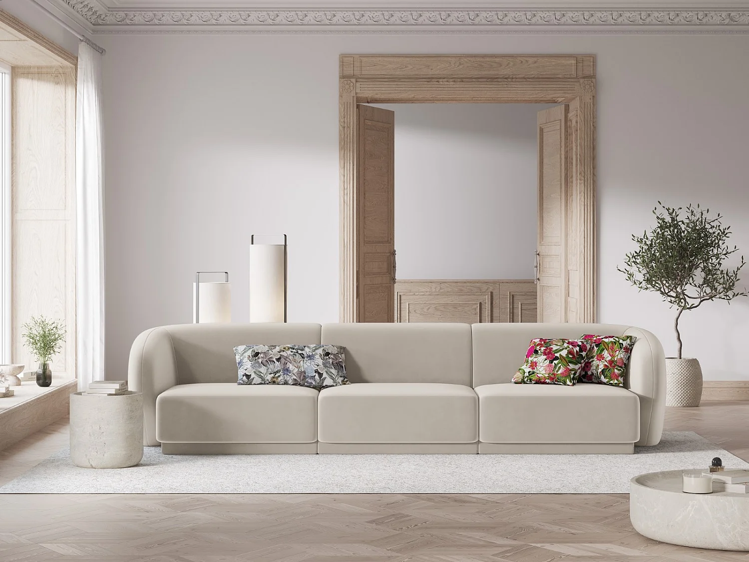 CXL by Christian Lacroix - Modulaire bank "Lionel" 3 zitplaatsen, Flueel, Beige - 266x93x74cm