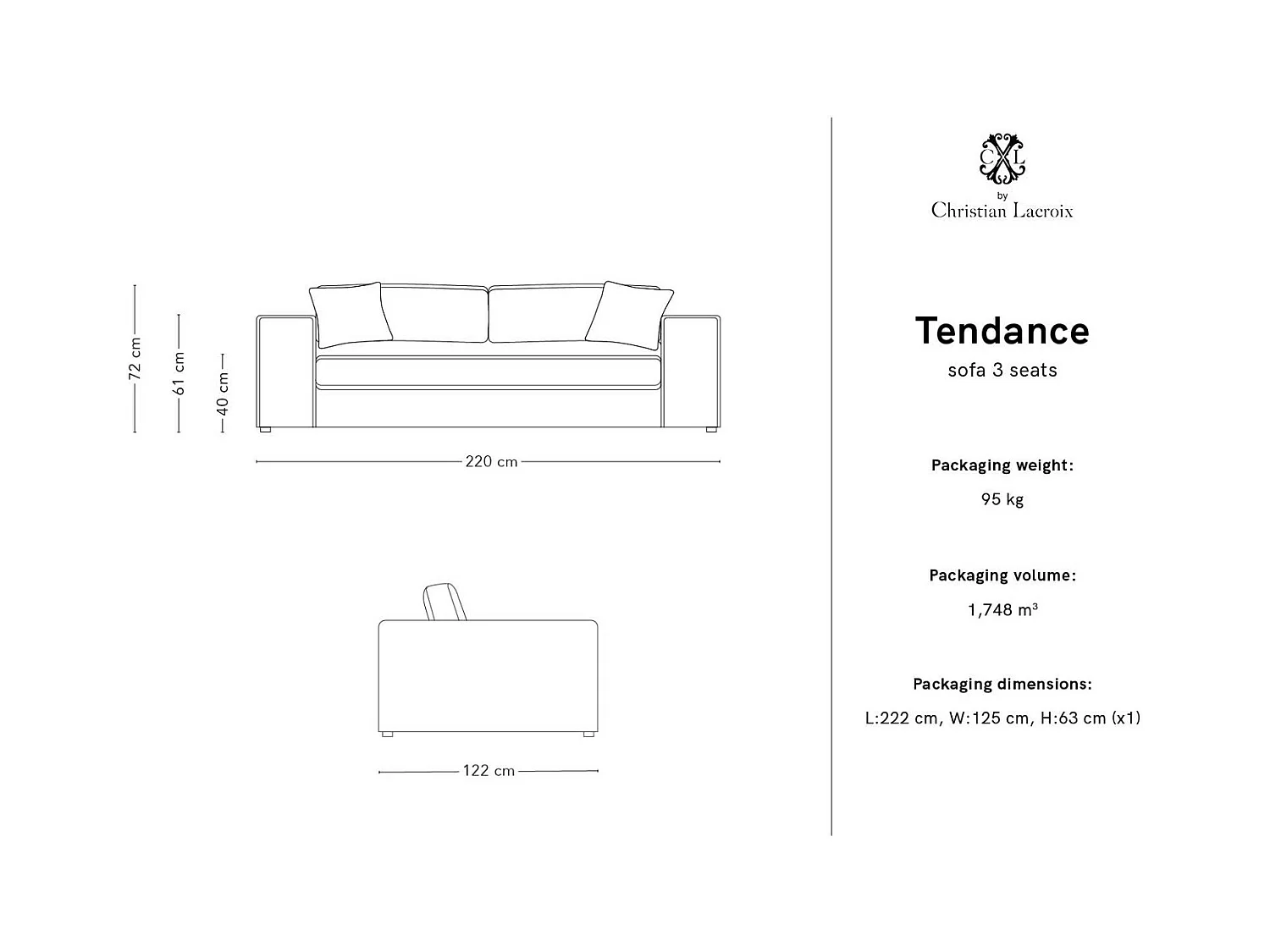 CXL by Christian Lacroix - Canapé "Tendance" 3 places en velours rouge foncé - 220x122x72cm