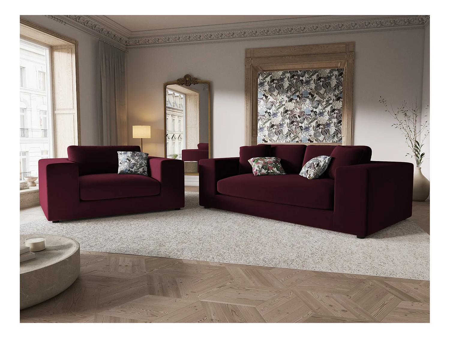 CXL by Christian Lacroix - Divano "Tendance" 3 posti in velluto rosso scuro - 220x122x72cm