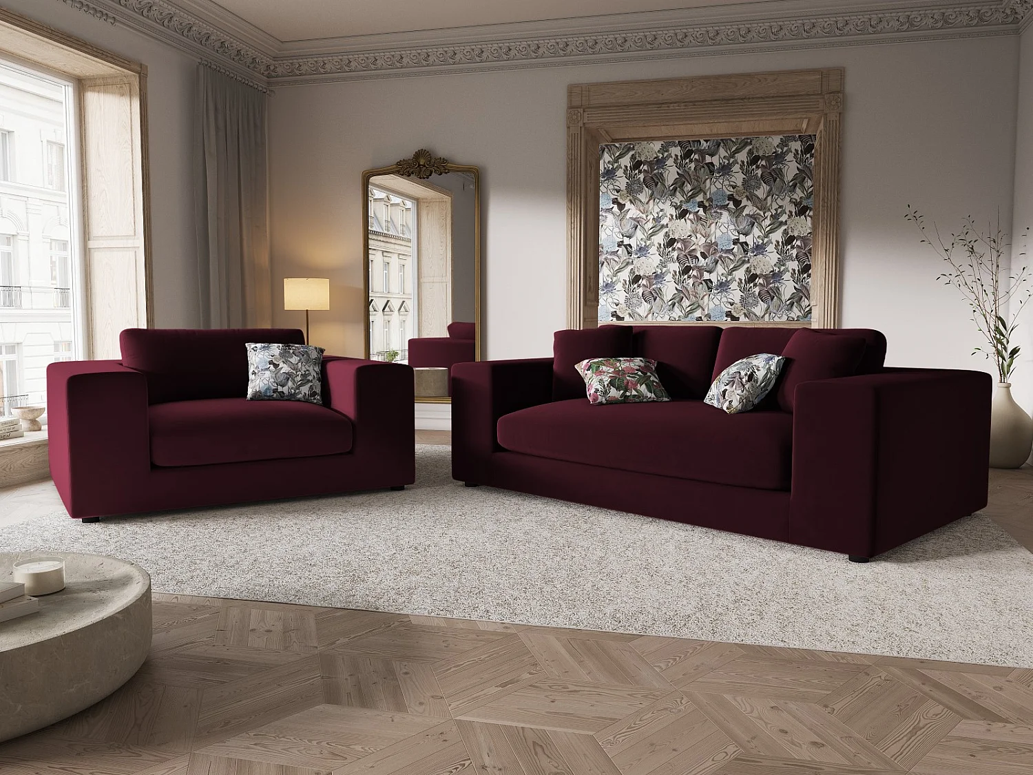 CXL by Christian Lacroix - Divano "Tendance" 3 posti in velluto rosso scuro - 220x122x72cm