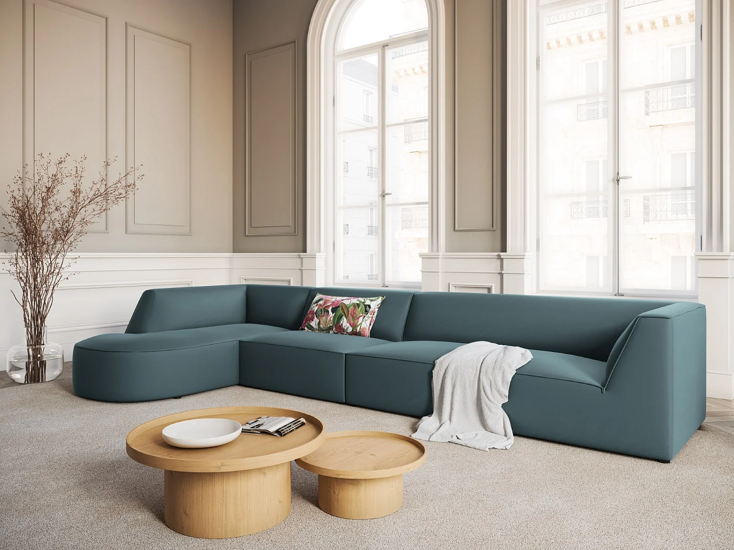 CXL by Christian Lacroix - Sofá de canto esquerdo "Charles" 5 lugares em veludo azul - 366x180x69cm